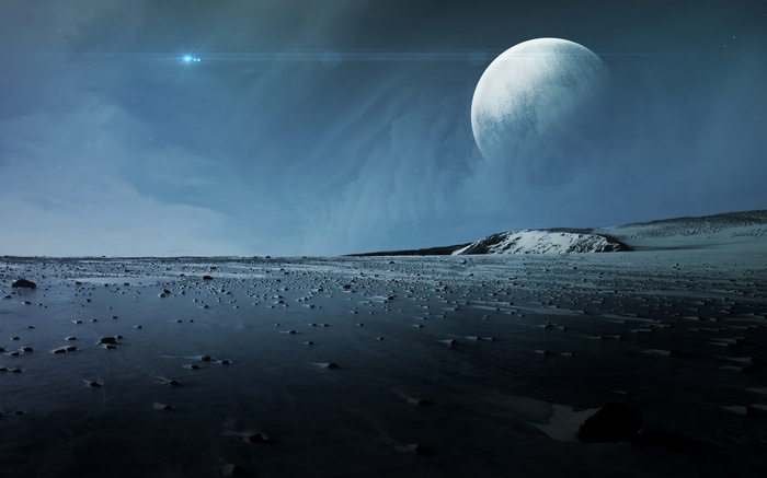 Alien planet landscape with a large moon