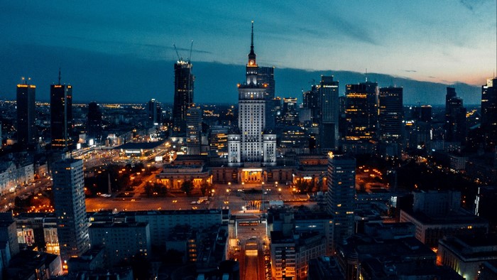 Night cityscape with illuminated skyscrapers