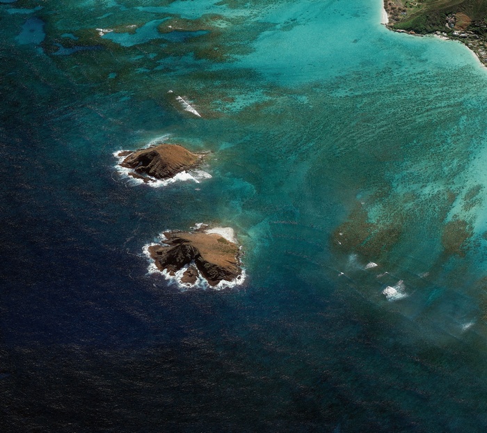 Aerial view of islands and coral reefs