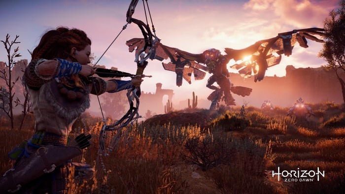Aloy from Horizon Zero Dawn aims a bow at a machine