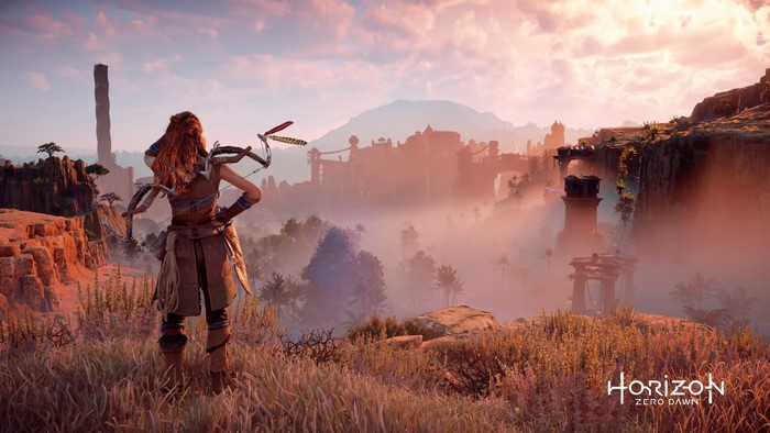 Aloy from Horizon Zero Dawn overlooking a misty valley