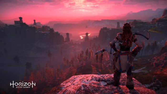 Aloy from Horizon Zero Dawn overlooking a landscape