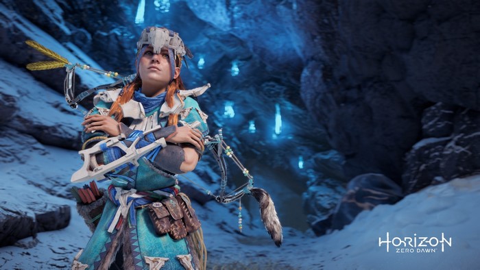 Aloy from Horizon Zero Dawn in a cave