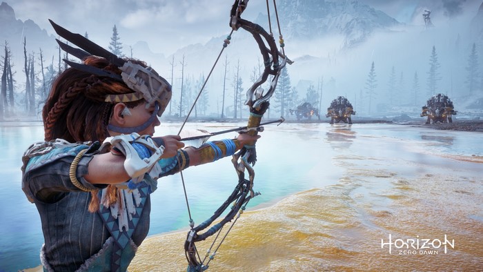 Aloy from Horizon Zero Dawn aims a bow