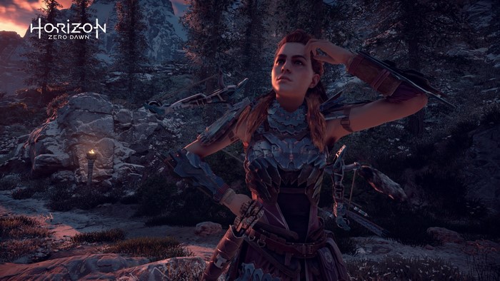 Aloy from Horizon Zero Dawn in a forest