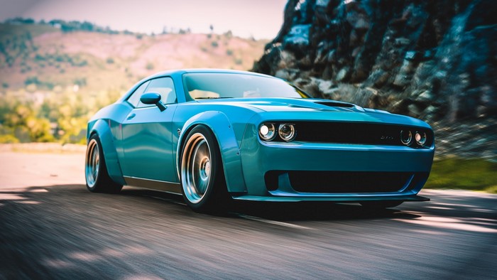 Blue Dodge Challenger SRT Hellcat driving on a road