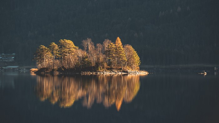 Island with trees reflected in lake
