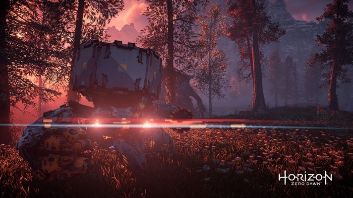 Horizon Zero Dawn robot in a forest at sunset