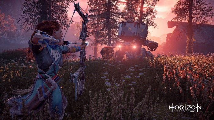 Aloy from Horizon Zero Dawn aiming a bow at a machine