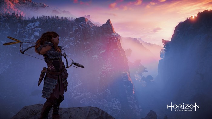 Aloy from Horizon Zero Dawn with a bow in mountains