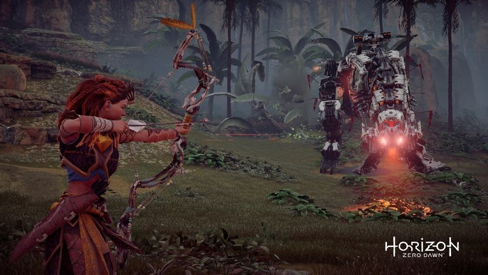 Aloy from Horizon Zero Dawn aims a bow at a robot