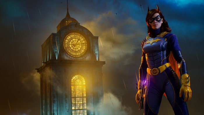 Batgirl from Gotham Knights in front of a clock tower