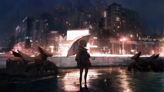 Girl with umbrella in rainy city at night