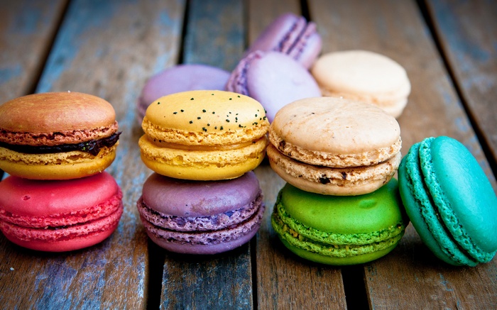 Colorful Macarons on Wooden Surface
