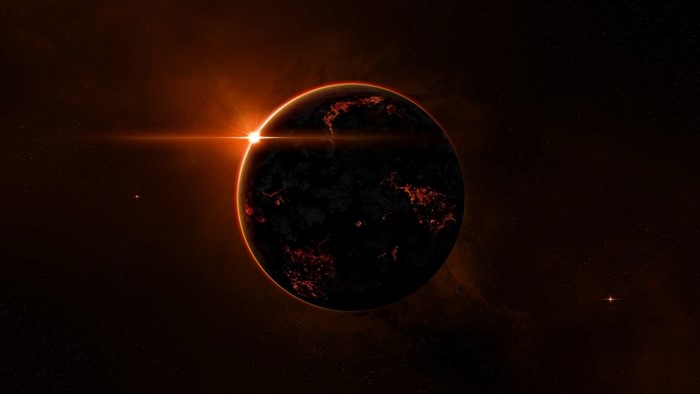 Planet with sunrise in space