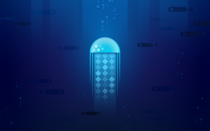 Minimal blue jellyfish and fish underwater