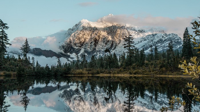 Snowy Mountain Reflected in Lake with Forest