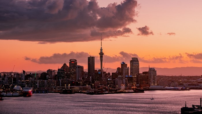 Auckland skyline at sunset with Sky Tower