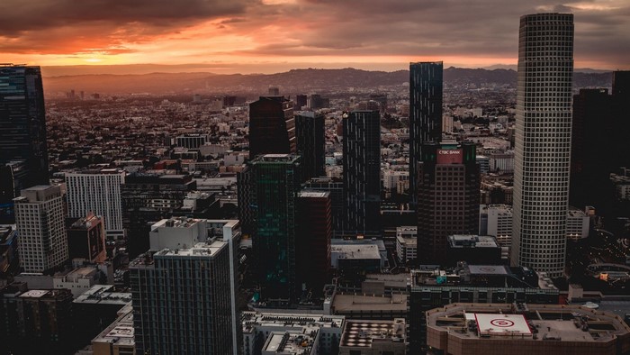 Aerial view of Los Angeles skyline at sunset