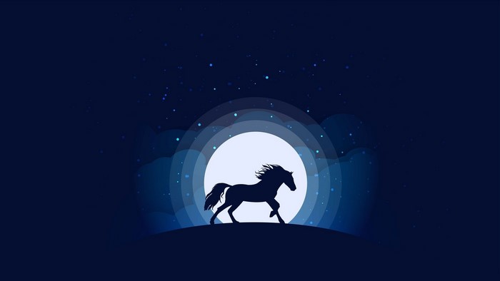 Silhouette of a horse running in front of a large moon