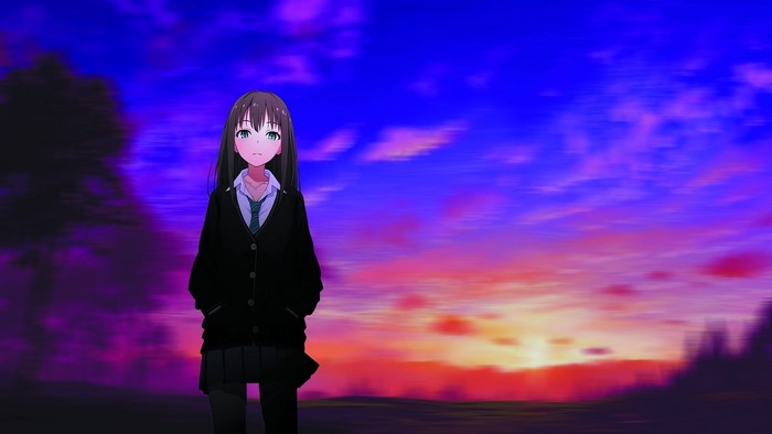 Anime girl with dark hair at sunset