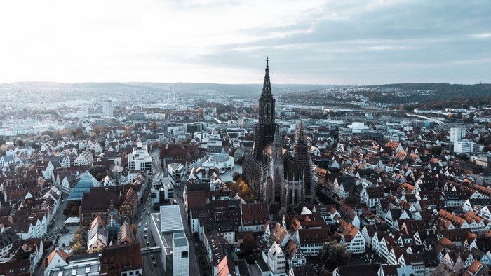 Ulm Minster aerial view over city