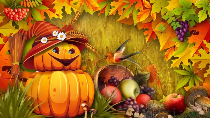 Halloween pumpkin scarecrow with autumn harvest
