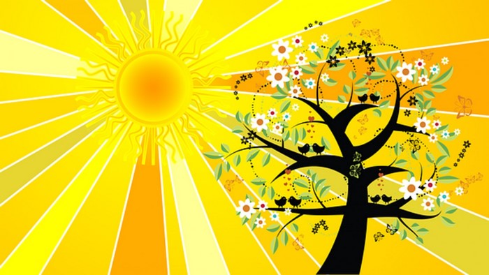 The Sun and a Tree with Birds and Butterflies