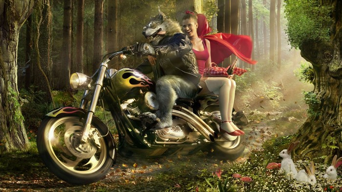 Wolf and Red Riding Hood on a Motorcycle in Forest