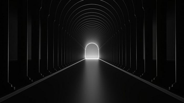 Dark Tunnel with Arches and Light at the End