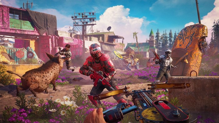 Far Cry New Dawn action scene with hyena and soldiers