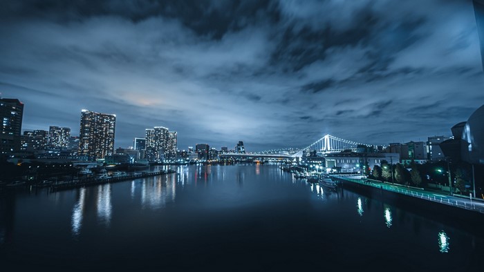 Night cityscape with illuminated bridge over water