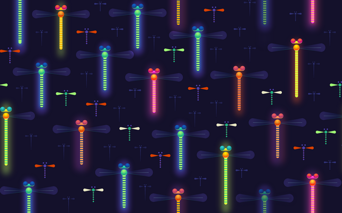 Colorful neon dragonflies on a dark background