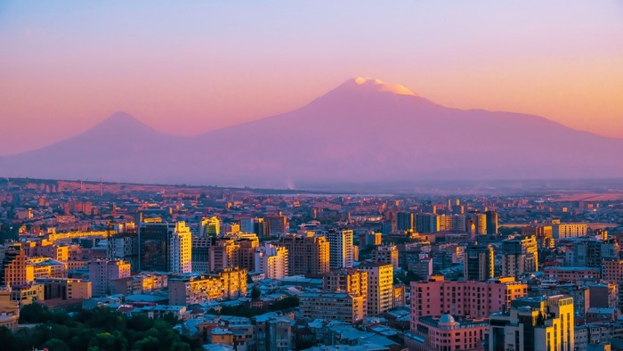 Cityscape with Mount Ararat at Sunset