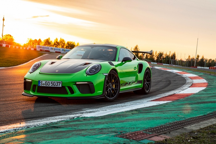Green Porsche 911 GT3 RS with Weissach Package on Track