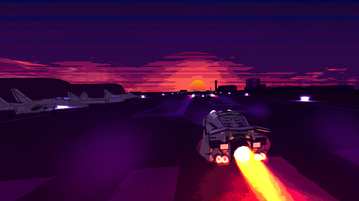 Retro Sci-Fi Airport at Sunset with Fighter Jets