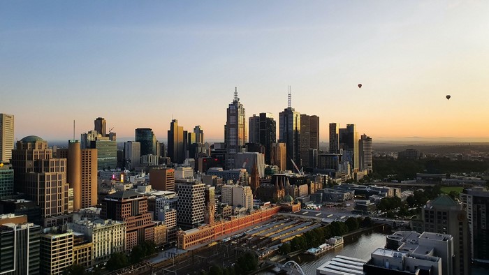 Melbourne Skyline at Sunrise with Hot Air Balloons
