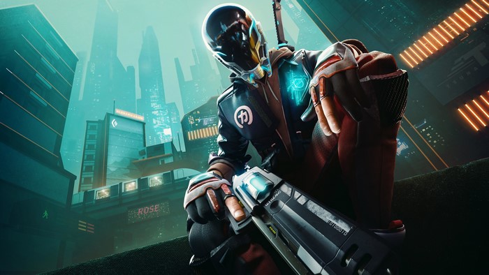 4K Hyper Scape character with gun in futuristic city