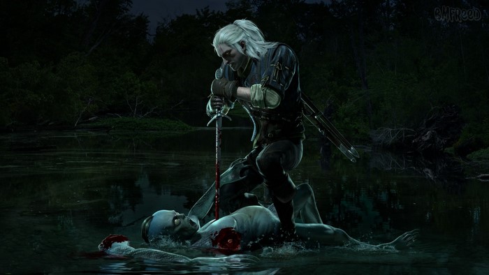 Geralt of Rivia from The Witcher 2 in a swamp