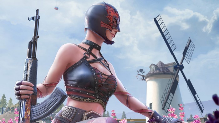 PlayerUnknown's Battlegrounds character with AK-47 and windmill