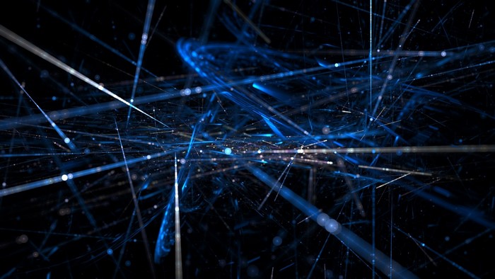 Abstract blue and white lines and particles