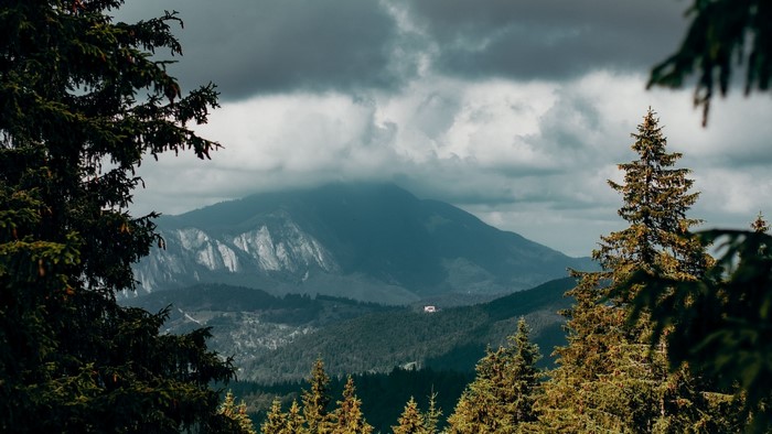 Mountain range with trees and clouds