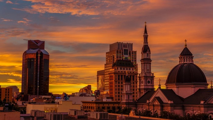 City skyline at sunset