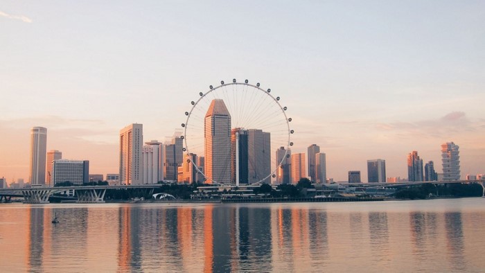 Singapore Flyer Ferris wheel and skyline at sunset