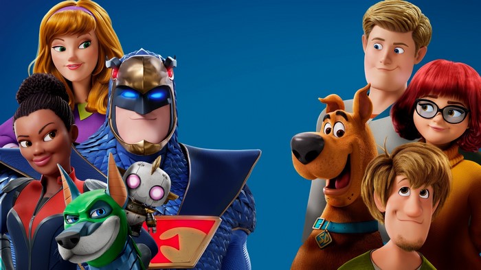 Scoob! characters with Blue Falcon and Dynomutt