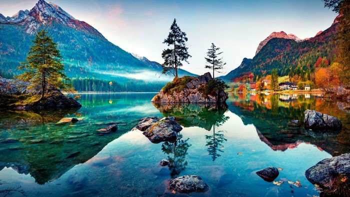 Beautiful Lake with Mountains and Autumn Trees