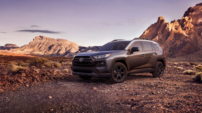 Toyota RAV4 in a rocky mountain landscape