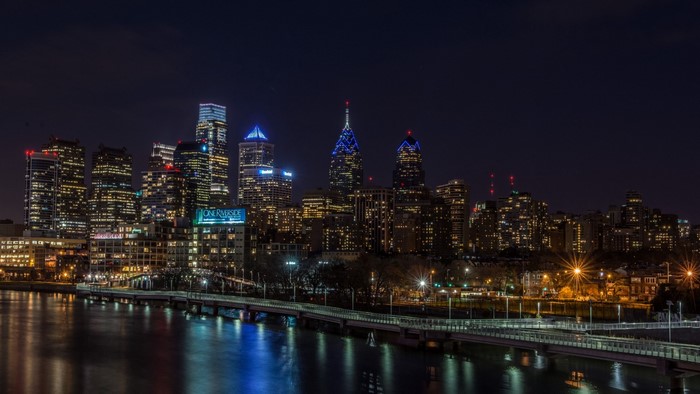 Philadelphia Skyline at Night over Delaware River