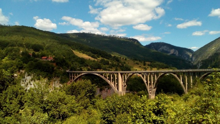 Concrete arch bridge over a gorge with forested mountains