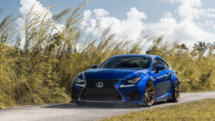 Blue Lexus RC parked on a road with tall grass